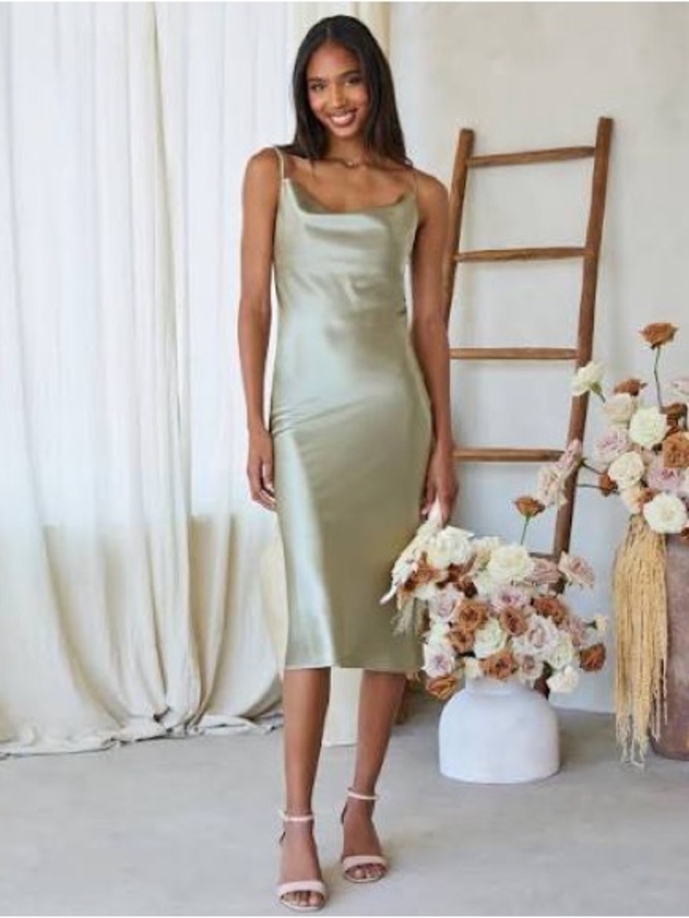 Birdy Grey Satin Slip Midi Dress in Olive Green